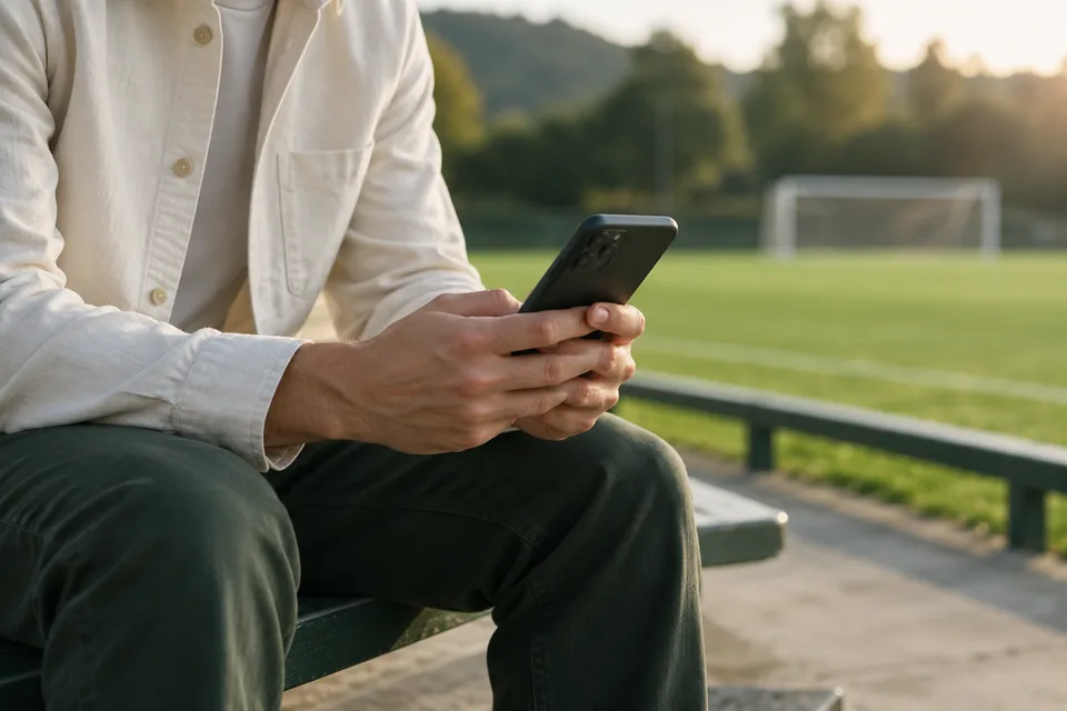 Hands holding a phone beside a football pitch, with the screen out of view; AI illustration