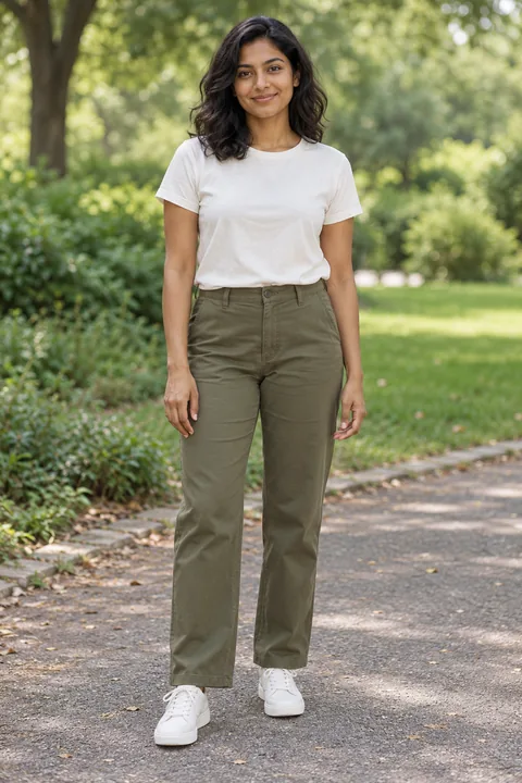 AI-created photo example of one adult facing the camera, with a clear face and full outfit visible
