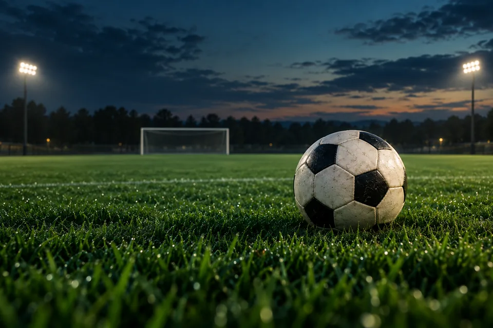 A football on a dewy green pitch with an empty goal and evening floodlights; AI illustration