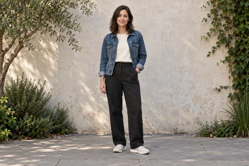 Adulta fictícia de jaqueta jeans, sozinha e com iluminação uniforme