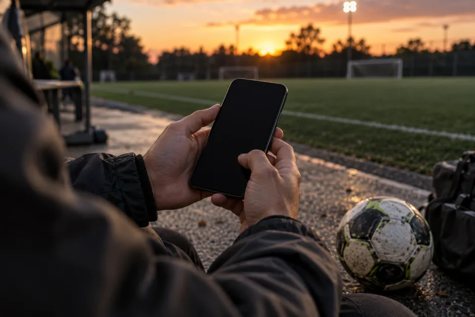 Mãos adultas segurando um celular ao lado de um campo ao anoitecer