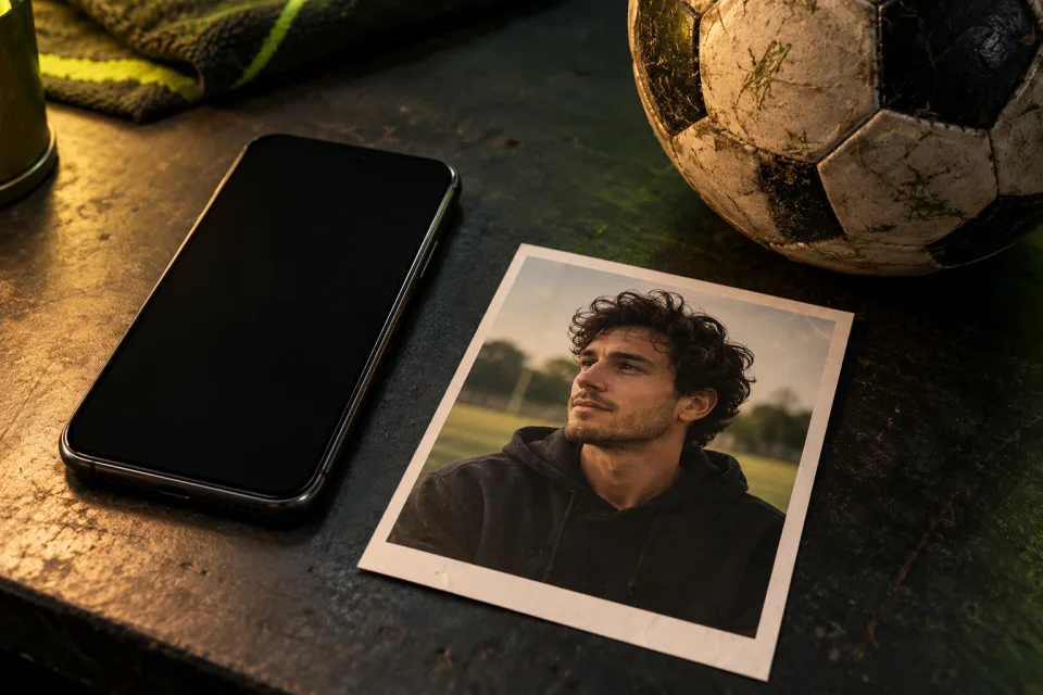 Celular sem marca, retrato impresso de um adulto e bola sobre uma mesa escura