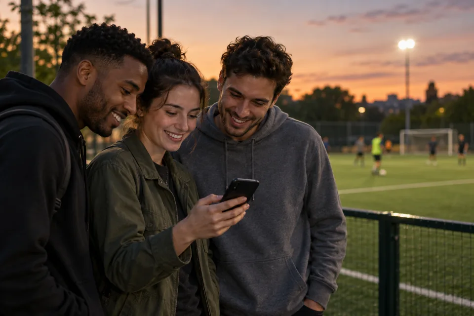 Three fictional adult friends watching a phone together beside a football pitch