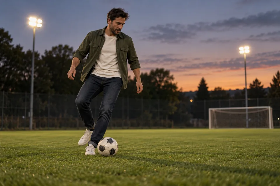 A fictional adult in everyday clothes controlling a football on a floodlit amateur pitch