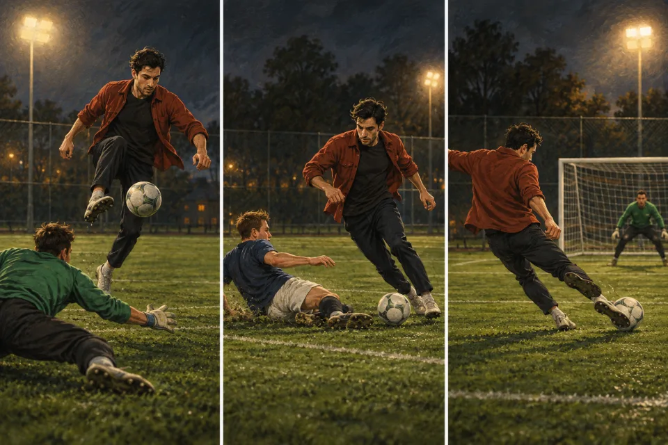 Three illustrated panels showing a ball lift, a change of direction past a defender and a shot